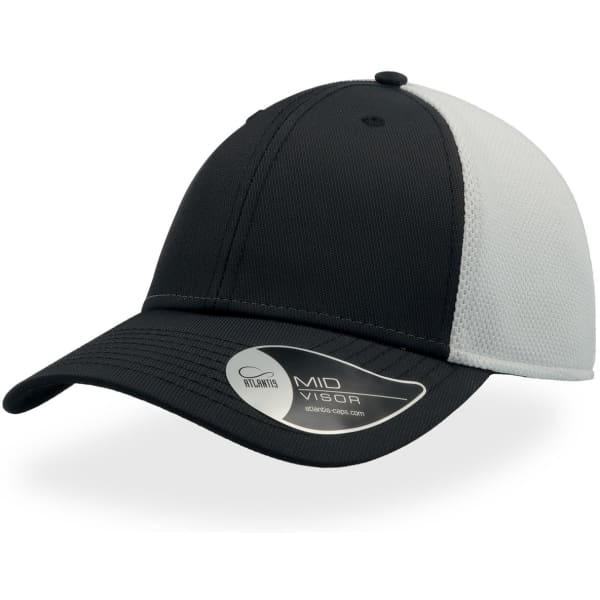 A black cap with a grey mesh back, featuring a mid visor and a logo on the side.