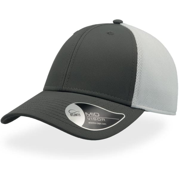 A grey and white cap with a mid visor and a logo on the side. The design includes a mesh back panel.