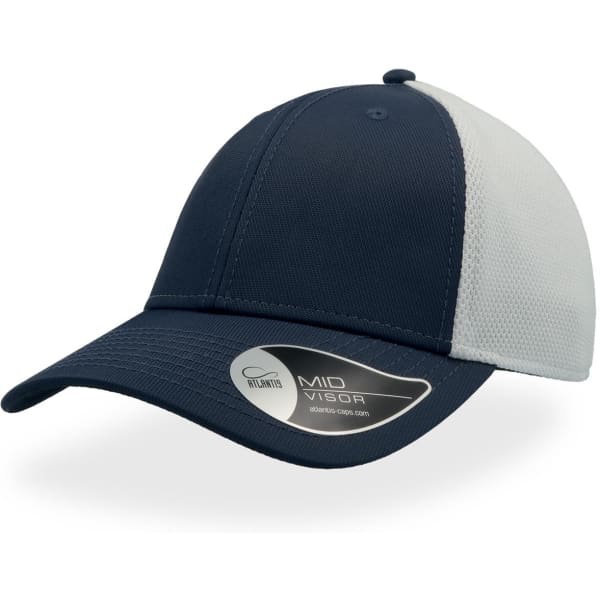 A navy and white cap featuring a mid visor and a logo on the side.