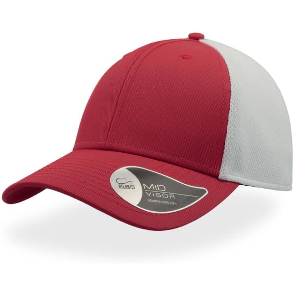 A red and white cap with a mid visor, featuring a logo on the side.