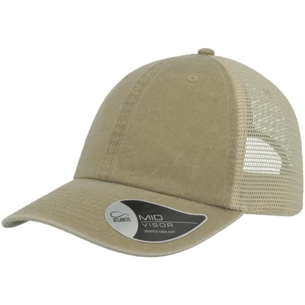 A khaki trucker cap with a mesh back and a curved brim, featuring a logo on the side.