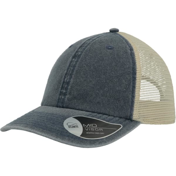 A trucker cap featuring a dark blue front with a beige mesh back and a mid visor, complete with a logo.