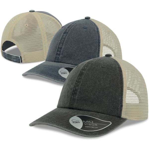 A range of trucker caps featuring a dark grey front and beige mesh sides, with one cap showing the back view.