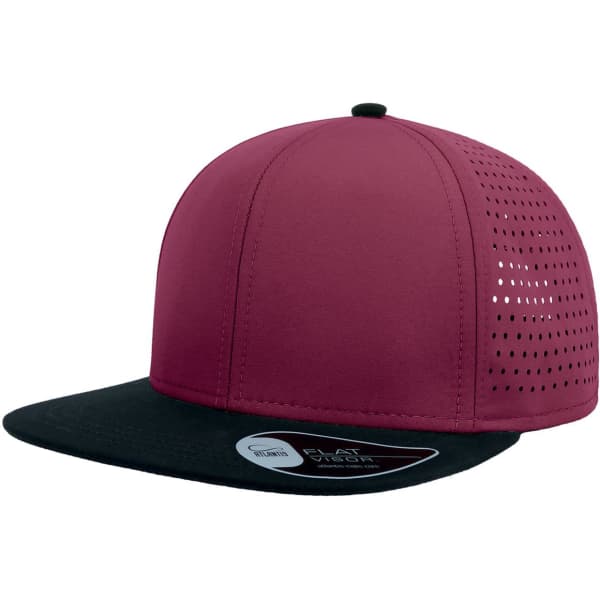 A cap featuring a maroon upper with black brim and mesh detailing on the sides, also includes a logo.