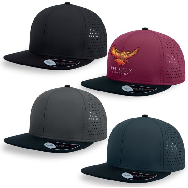 Four caps in black, grey, and dark green, featuring a logo on a maroon front panel and perforated designs.