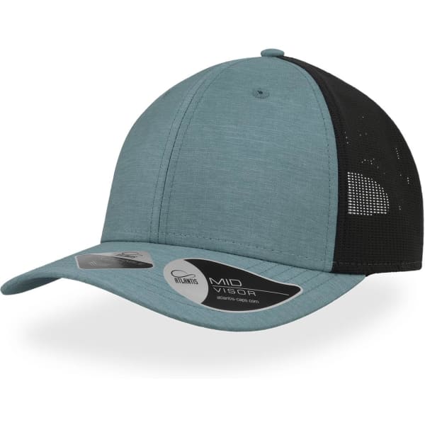 A teal cap with a black mesh back, featuring a mid visor and a logo.