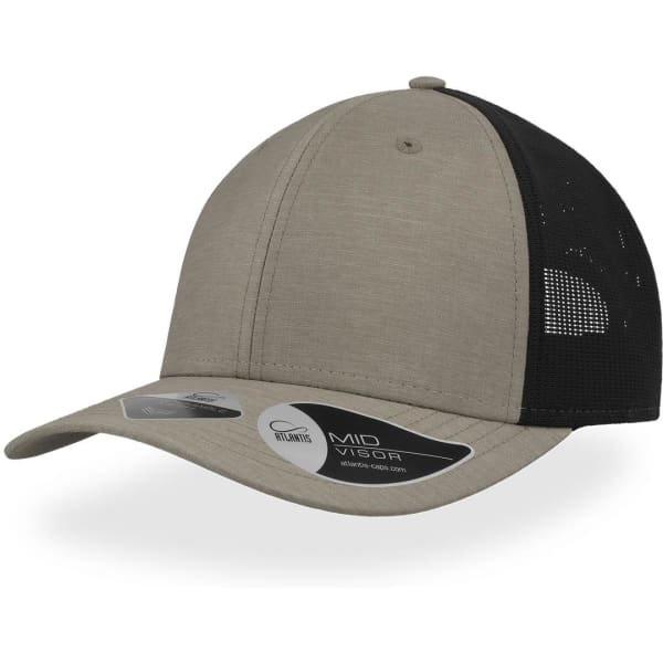 A cap featuring a beige front and black mesh back, with a curved visor and an attached logo on the side.