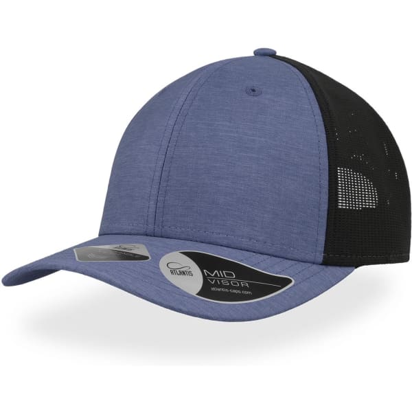 A cap featuring a blue front and a black mesh back, complete with a logo on the side.