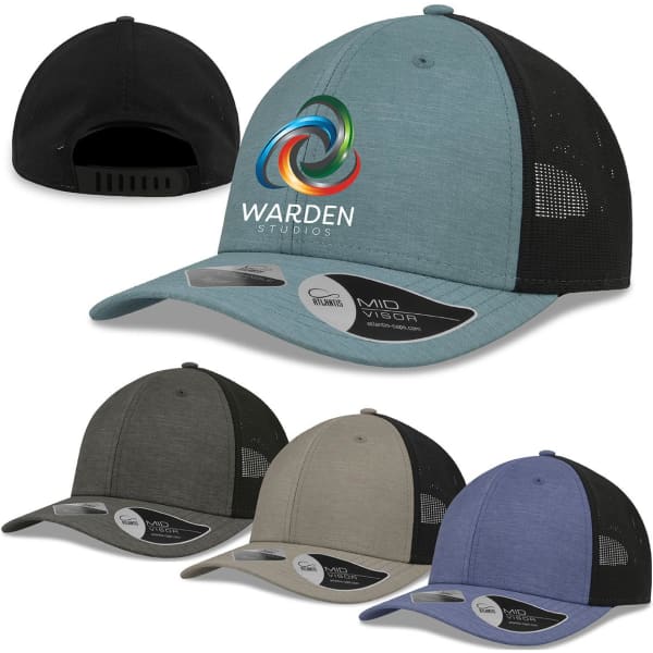 A selection of caps in green, olive, and blue, featuring a logo on the front and a mesh back.