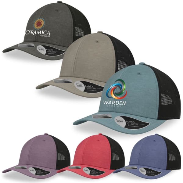 A set of caps in various colours, featuring mesh backs and distinct logos on the front.