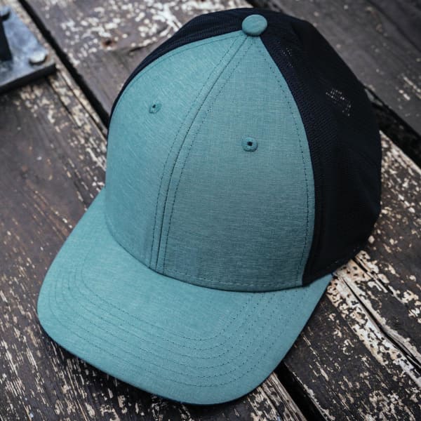 A teal and black cap with a smooth front and mesh back, featuring a logo on the front.