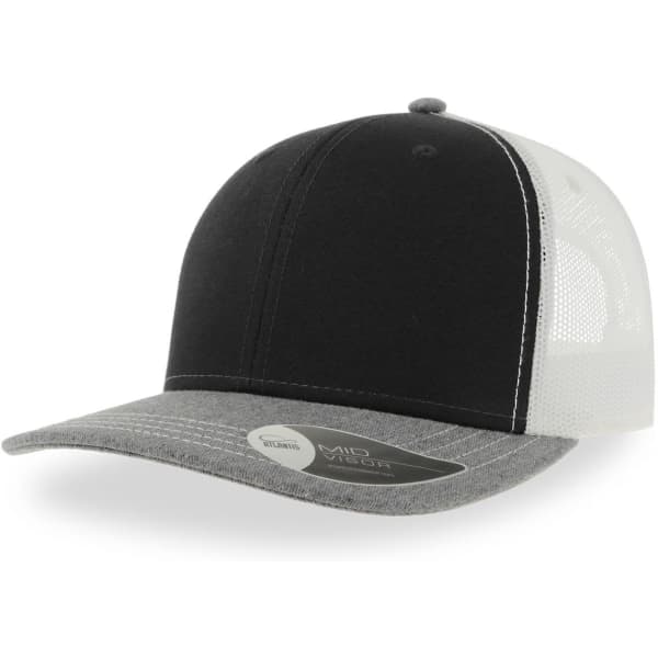 A black and grey trucker cap with a mesh back and a round, curved peak. It features a logo on the side.
