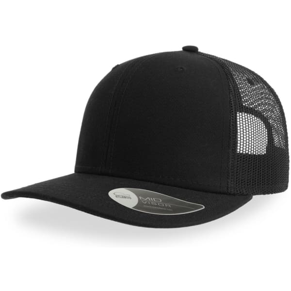 A black trucker cap featuring a solid front panel and mesh back, with a curved brim and a logo on the side.