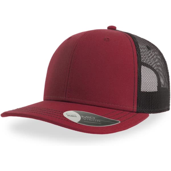 A maroon trucker cap with a black mesh back and a curved brim, featuring a logo on the side.