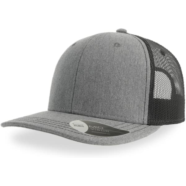 A grey trucker cap with a mesh back and a rounded brim, featuring a logo on the front.