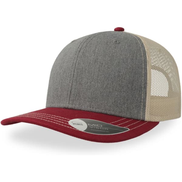 A grey and maroon trucker cap with a mesh back and a curved brim. It features a logo on the front.