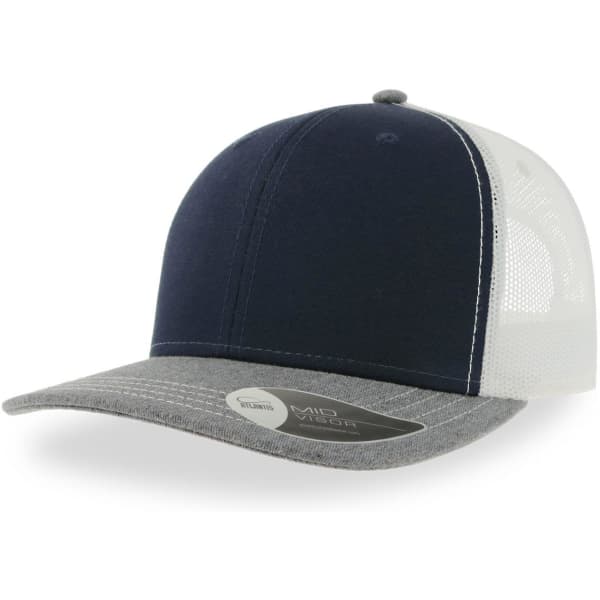 A navy blue and grey trucker cap with a mesh back and a branded label on the underside of the visor.