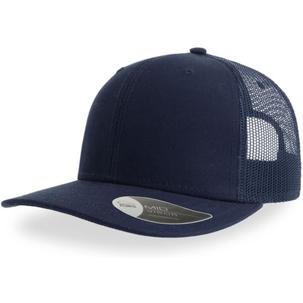 A navy blue trucker cap featuring a mesh back and a branded tag on the bill.