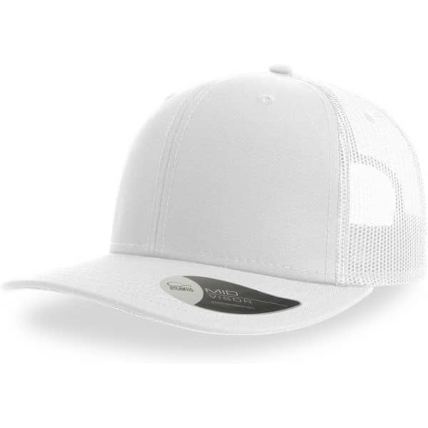 A white trucker cap featuring mesh panels and a curved brim. Includes a logo on the side.