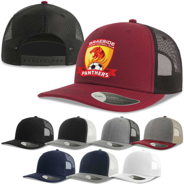 A maroon trucker cap with a mesh back and a logo on the front, surrounded by various other coloured caps.