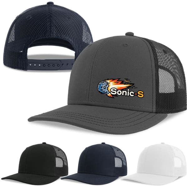 A grey organic/recycled trucker cap with a mesh back, featuring a logo, available in black, navy, and white options.