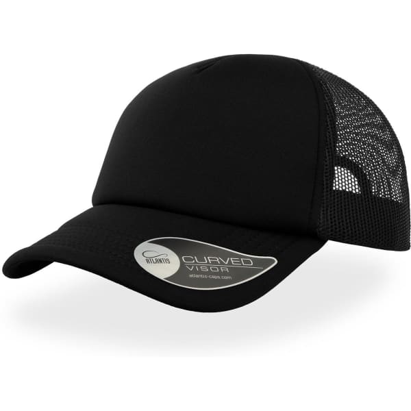A black trucker cap featuring a curved visor and a mesh back, with a logo on the side.