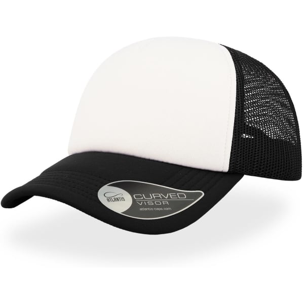 A trucker cap featuring a black mesh back and a white front panel, with a curved visor and a logo on the side.