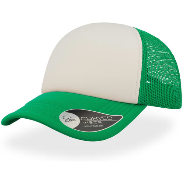 A trucker cap featuring a beige front panel and green mesh sides, with a curved visor and a logo on the side.