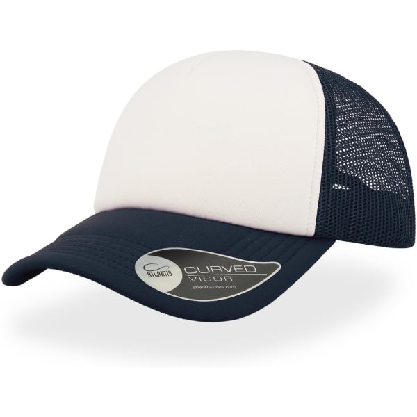 A trucker cap in navy blue and white with a curved visor and a mesh back, featuring a logo on the side.