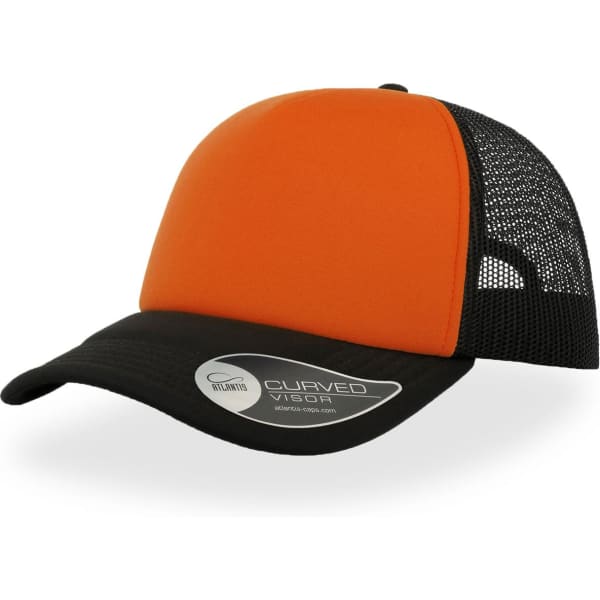 An orange and black trucker cap featuring a curved visor and a mesh back. It includes a logo on the side.