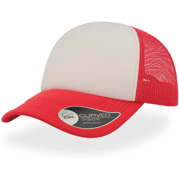 A red and grey trucker cap featuring a curved visor and a mesh back, with a logo on the side.