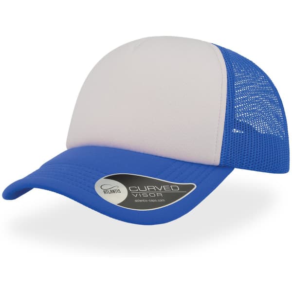 A blue trucker cap with a curved visor and a mesh back, featuring a logo on the side.