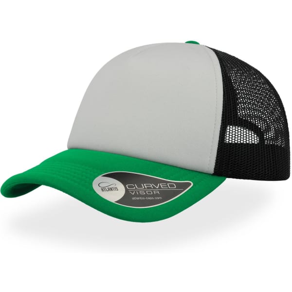 A grey and green trucker cap featuring a curved visor and mesh back, with a logo present.