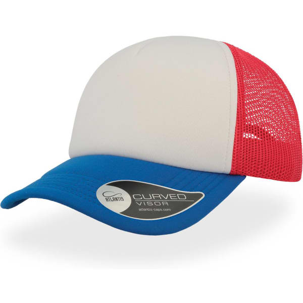 A trucker cap with a blue visor, grey front, and red mesh back, featuring a logo on the side.