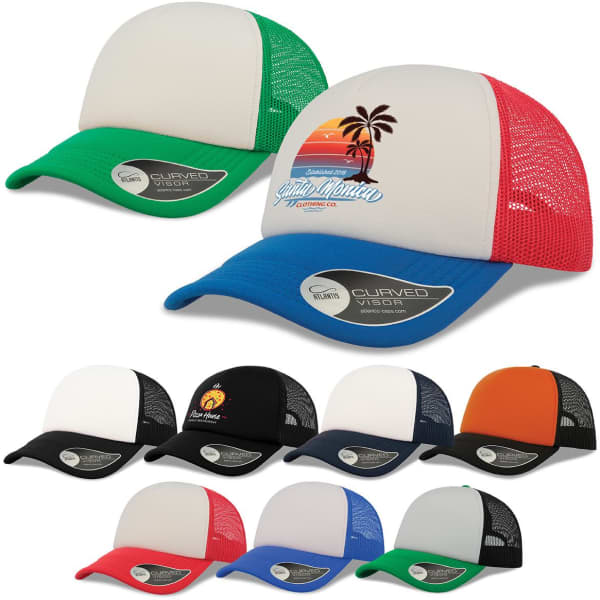 A collection of trucker caps in green, red, black, blue, navy, and orange, featuring a logo on the front.