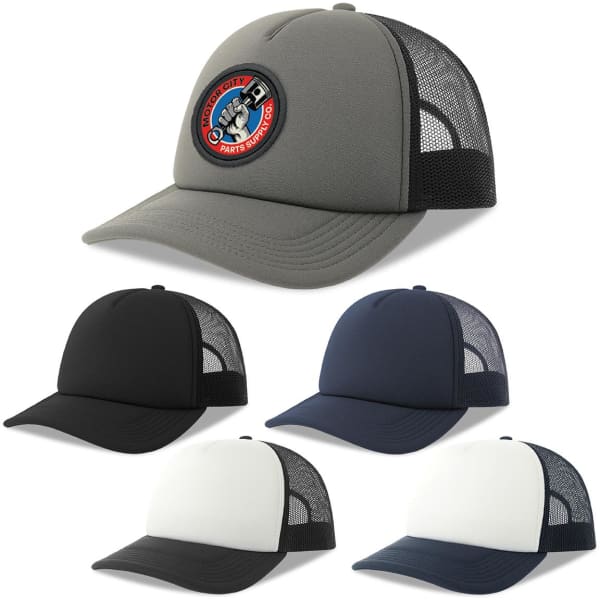 A trucker cap in grey with a logo, accompanied by black, navy, and white variations.