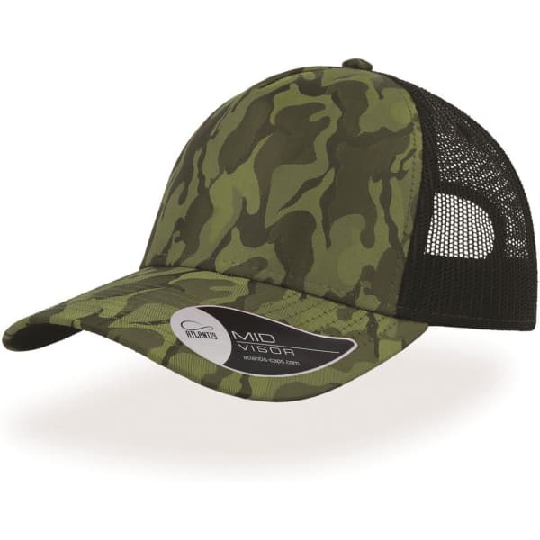 A trucker cap in green camo print with a black mesh back and a mid visor. Features a logo on the side.