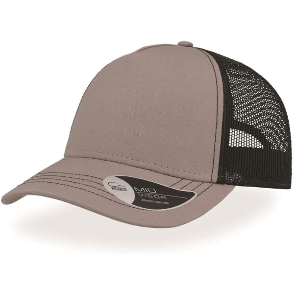 A beige cap with a black mesh back and a mid visor, featuring a logo on the side.