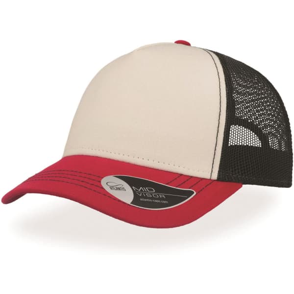 A cap with a cream front and red visor, featuring a black mesh back and a logo on the side.