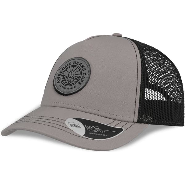 A grey cap with a black mesh back and a circular logo on the front. It features a curved brim and a branded label.