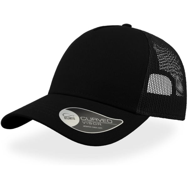 A black trucker cap with a curved visor and mesh panels, featuring a logo on the side.