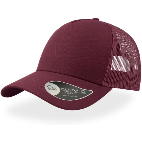 A maroon trucker cap featuring a curved visor and a mesh back. The cap has a logo on the side.