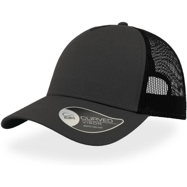 A black trucker cap with a curved visor and mesh back, featuring a branded logo on the side.