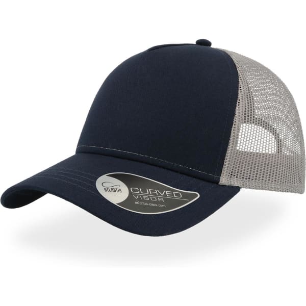 A navy trucker cap with a curved visor and a mesh back, featuring a logo on the side.