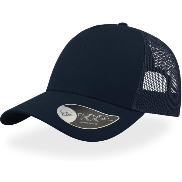 A navy trucker cap with a curved visor and mesh panel on the back, featuring a logo.