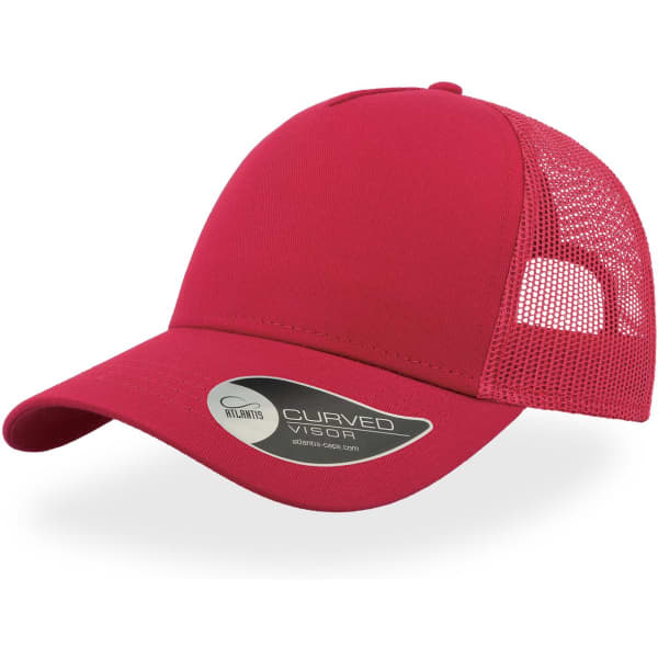A red trucker cap featuring a solid front and mesh back, designed with a curved visor.