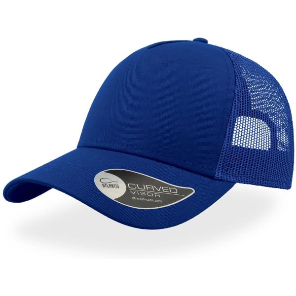 A blue trucker cap with a curved visor and a mesh panel on the sides, featuring a logo.