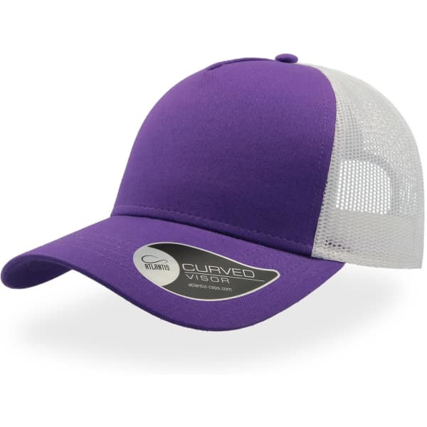 A purple trucker cap featuring a curved visor and a white mesh back, with a logo present.