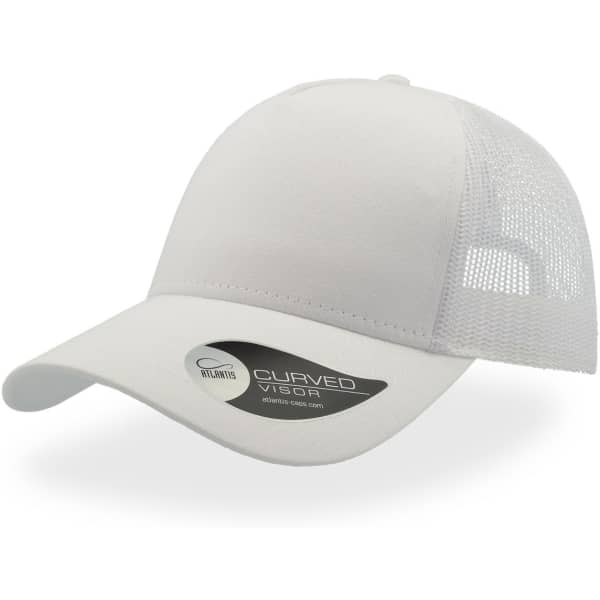 A white trucker cap with a curved visor and mesh back, featuring a logo on the side.