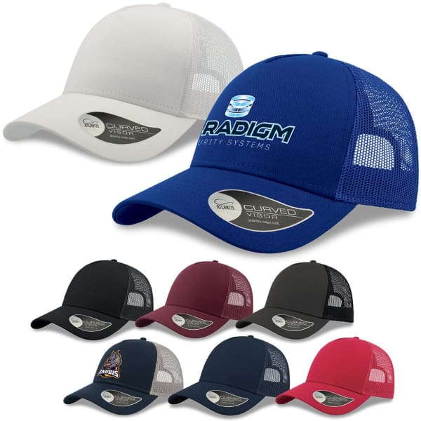 A collection of trucker caps in various colours, featuring mesh back panels and a logo on the front of some.